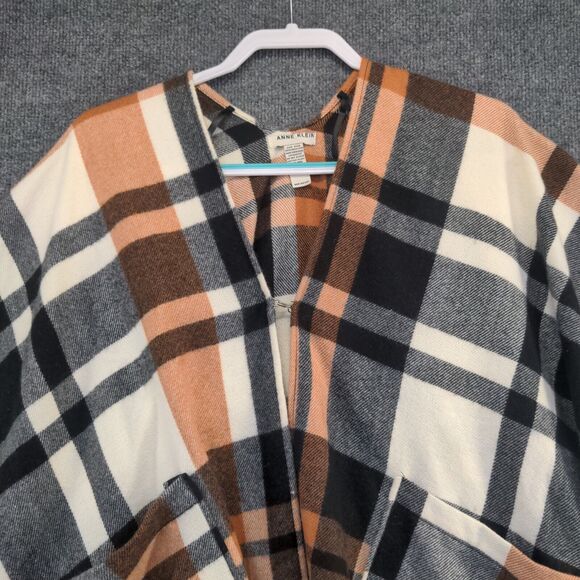 Anne Klein Women's Poncho Cape Multicolor One Size Plaid Fringed Polyester - Picture 3 of 8
